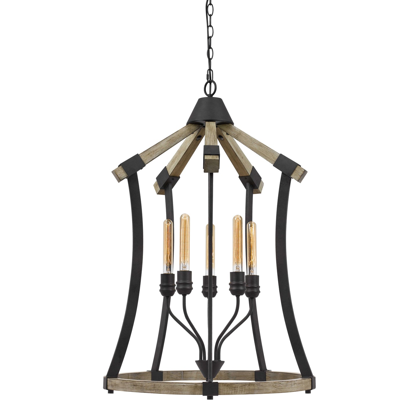 5-bulb Benzara pendant light with brown wood slats and black metal frame