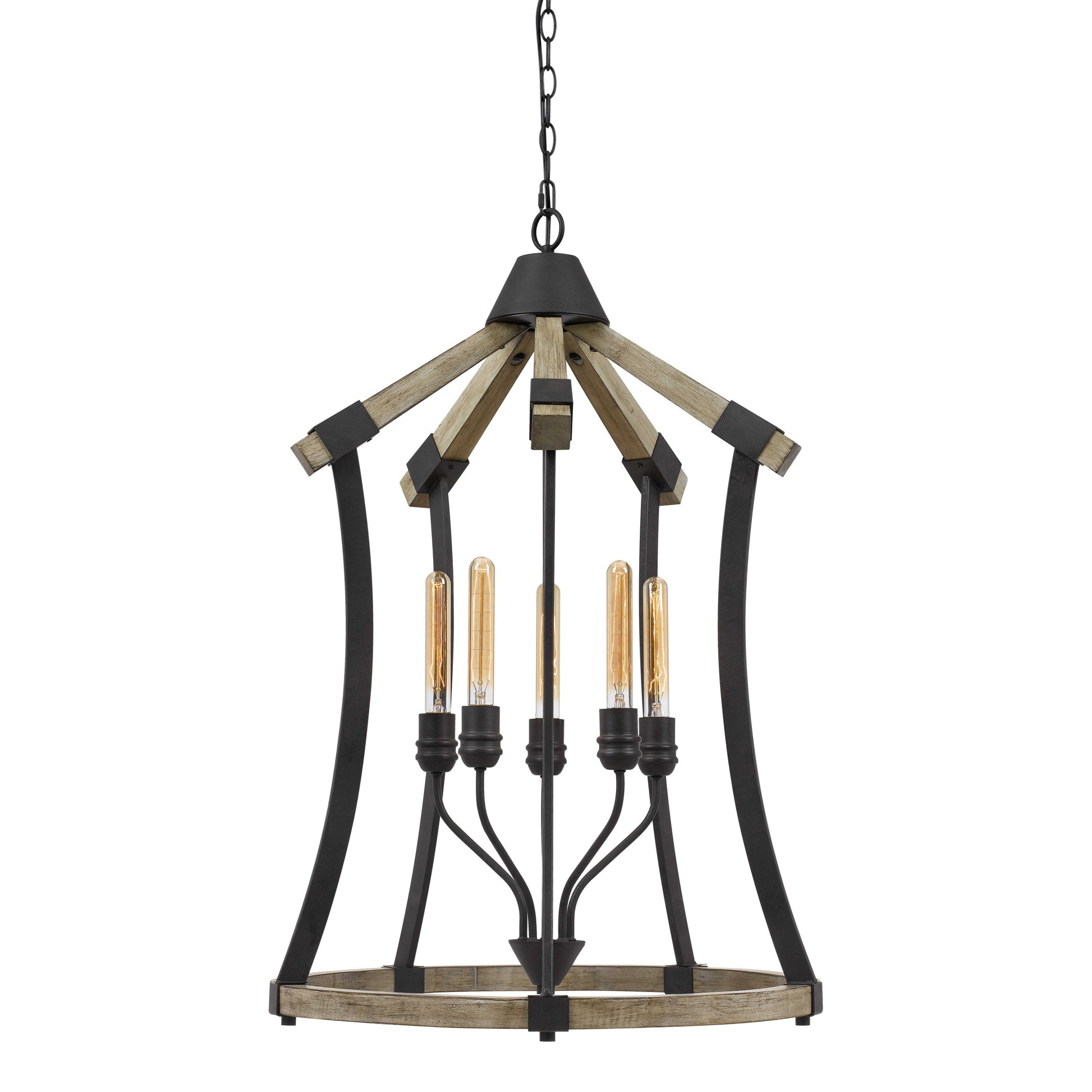 5-bulb Benzara pendant light with brown wood slats and black metal frame