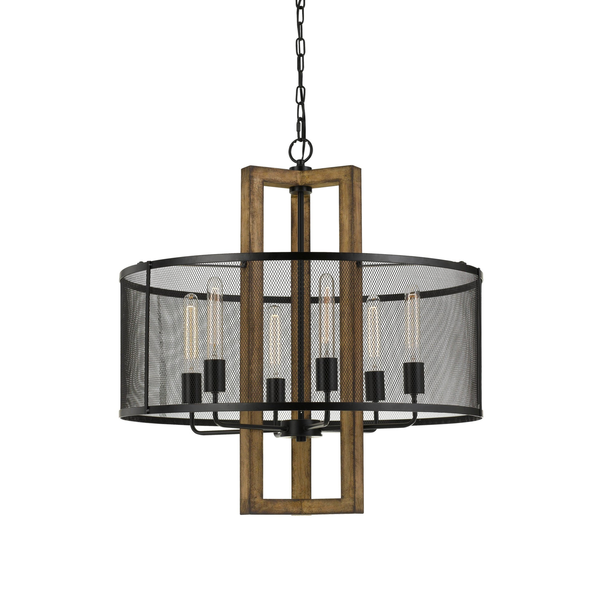 60x6 wooden chandelier with round black metal mesh shade and brown wood frame