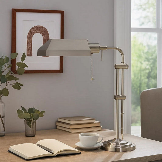 Metal Rectangular Desk Lamp with Adjustable Pole, Silver