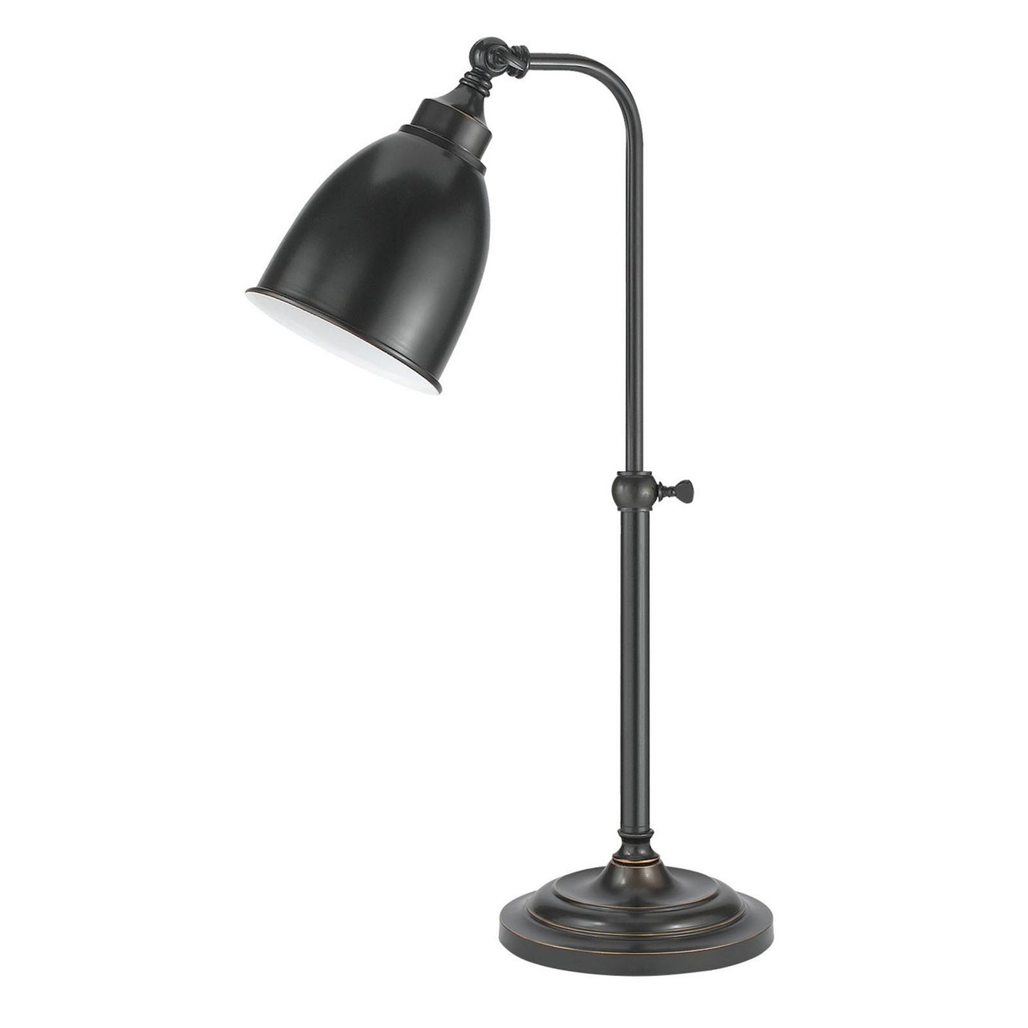 Table lamp with a 25-inch metal round shade and adjustable pole in dark bronze.