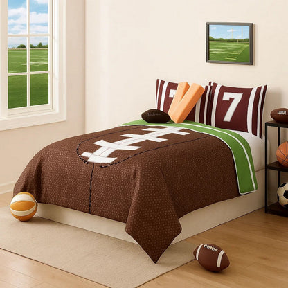 6 Piece Comforter Set with Football Field Print, Brown and Green – Twin