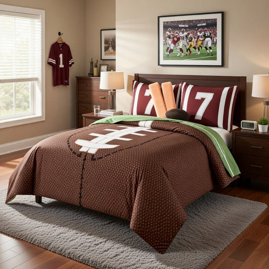 6 Piece Full Comforter Set with Football Field Print, Brown and Green