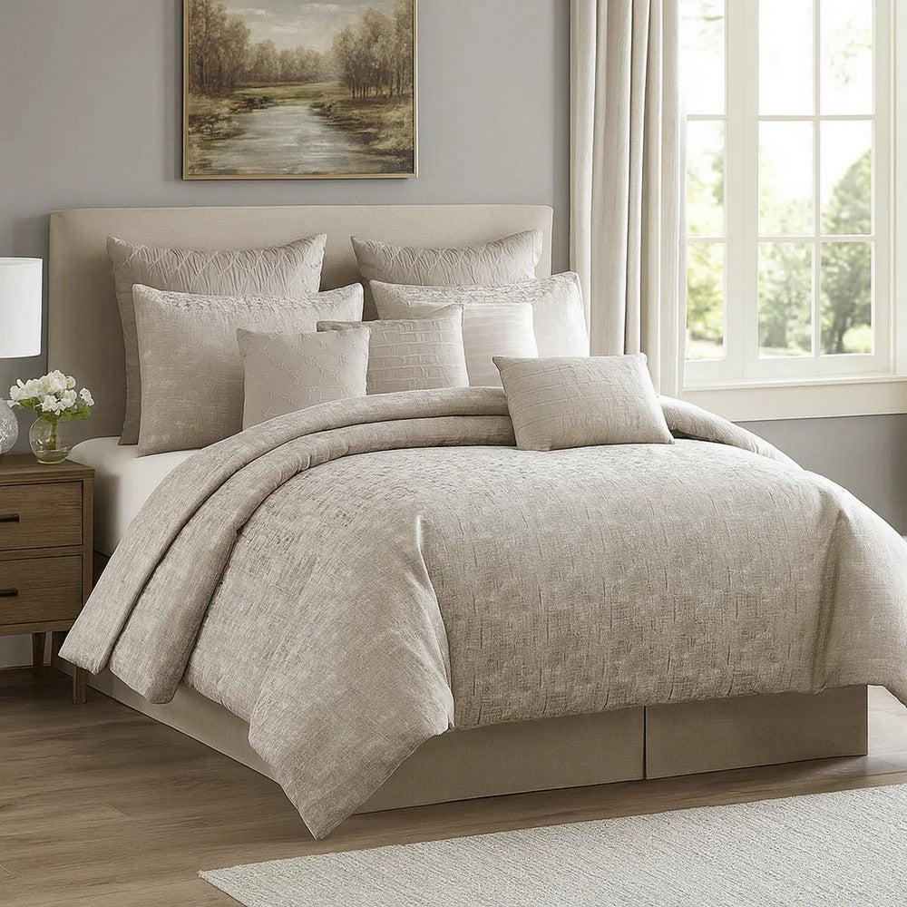 9 Piece Queen Polyester Comforter Set with Jacquard Print, Gray