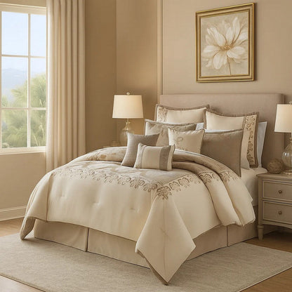 10 Piece Polyester Comforter Set with Damask Print, Cream and Gold – King