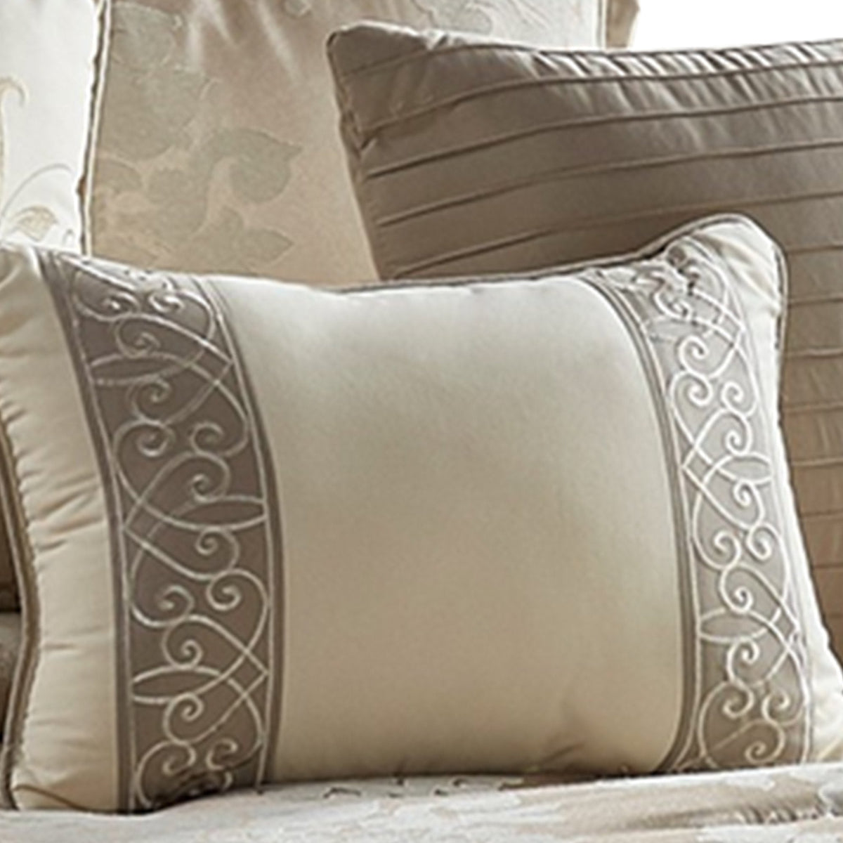 9 Piece Queen Polyester Comforter Set with Damask Print, Cream and Gold