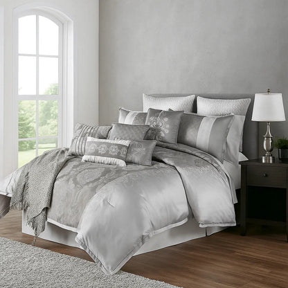 12 Piece Queen Polyester Comforter Set with Medallion Print, Platinum Gray