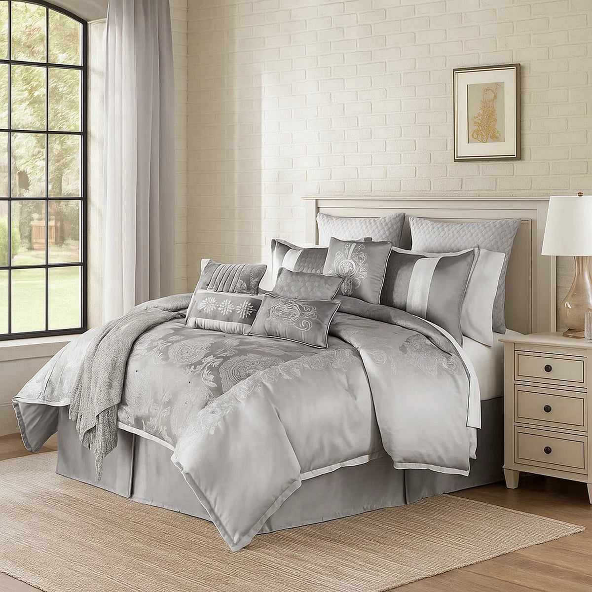12 Piece Queen Polyester Comforter Set with Medallion Print, Platinum Gray