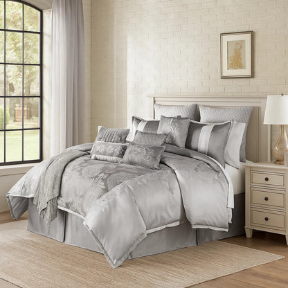 12 Piece Queen Polyester Comforter Set with Medallion Print, Platinum Gray