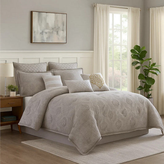 10 Piece King Cotton Comforter Set with Textured Floral Print, Gray