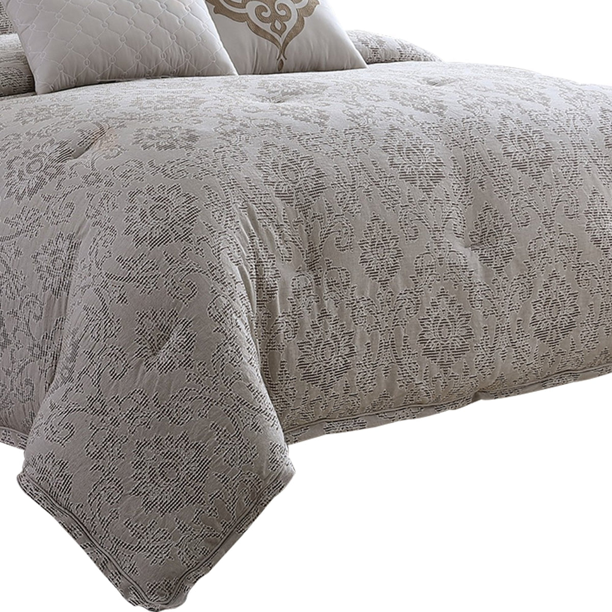 9 Piece Queen Cotton Comforter Set with Textured Floral Print, Gray