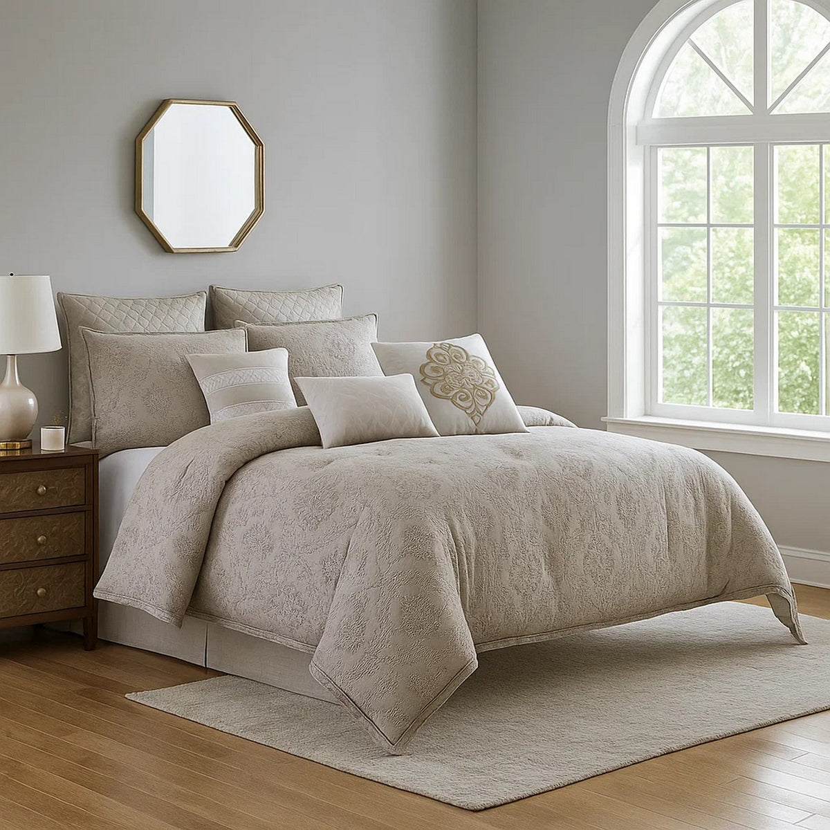 9 Piece Queen Cotton Comforter Set with Textured Floral Print, Gray