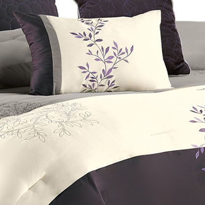 7 Piece King Polyester Comforter Set with Leaf Embroidery, Gray and Purple
