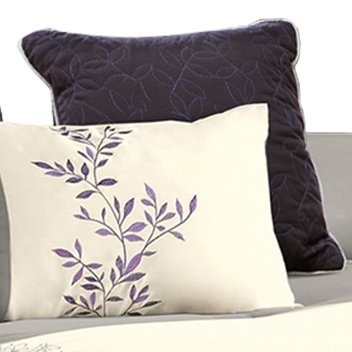 7 Piece King Polyester Comforter Set with Leaf Embroidery, Gray and Purple