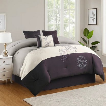 7 Piece Polyester Comforter Set with Leaf Embroidery, Gray and Purple – King