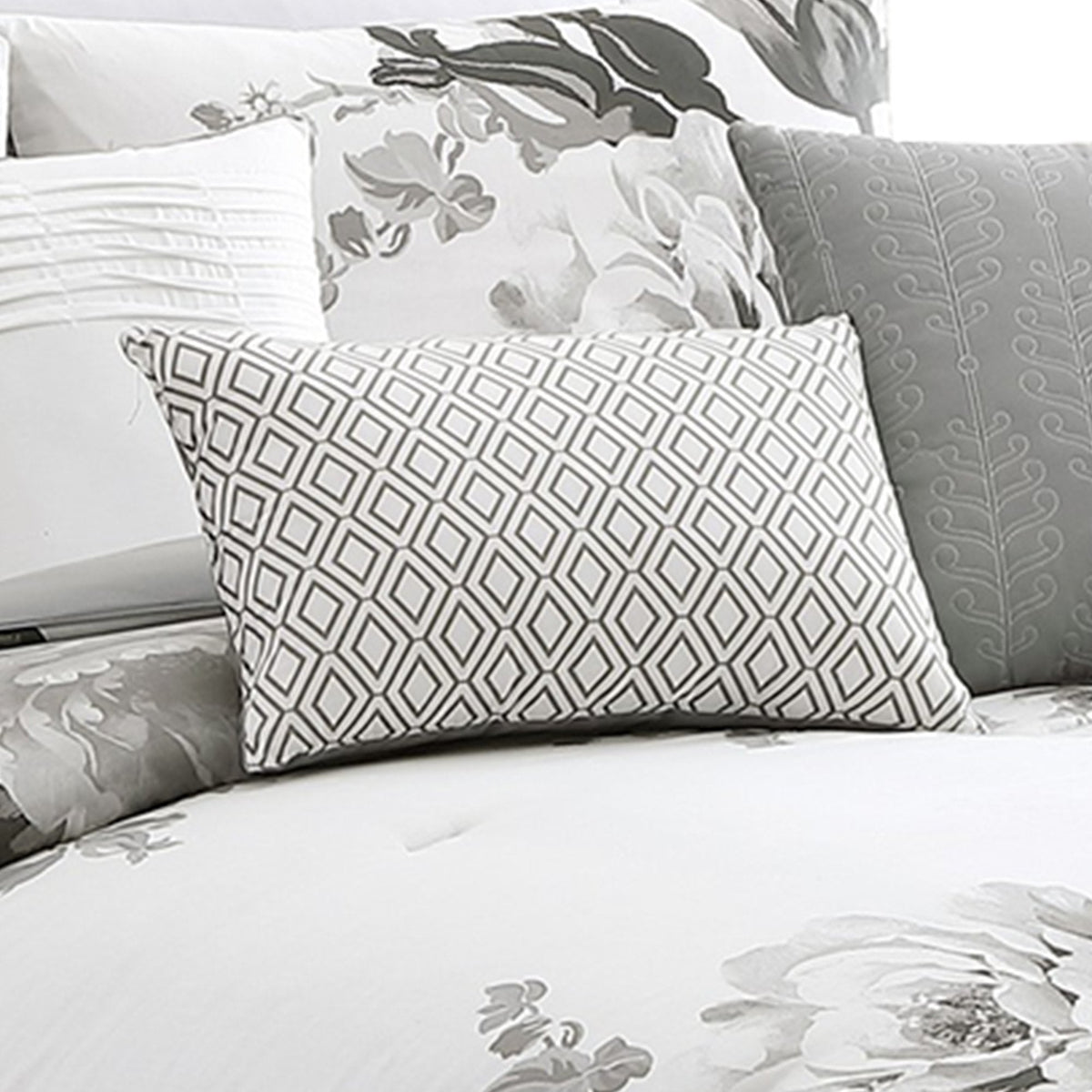 7 Piece Cotton King Comforter Set with Floral Print, Gray and White