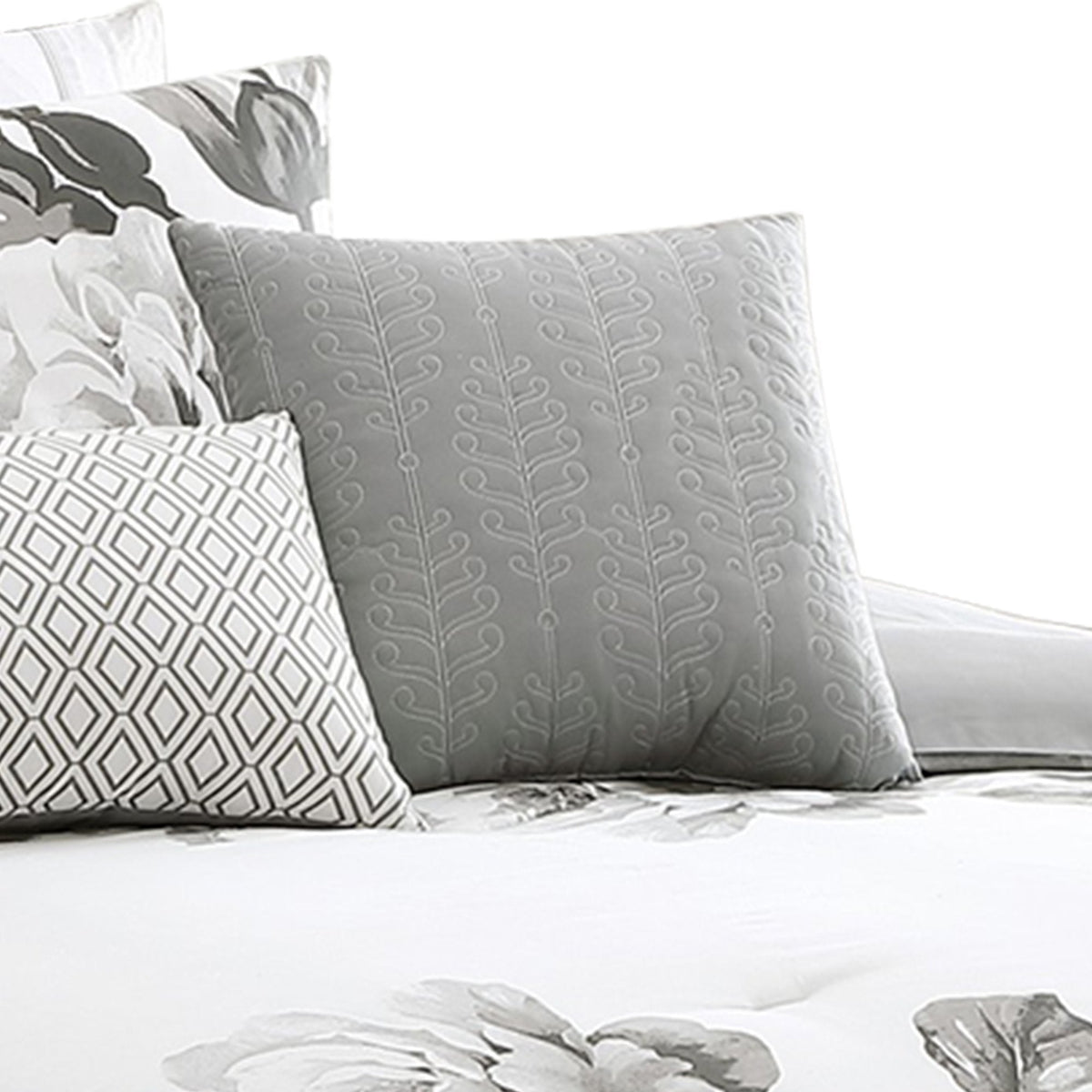7 Piece Cotton King Comforter Set with Floral Print, Gray and White