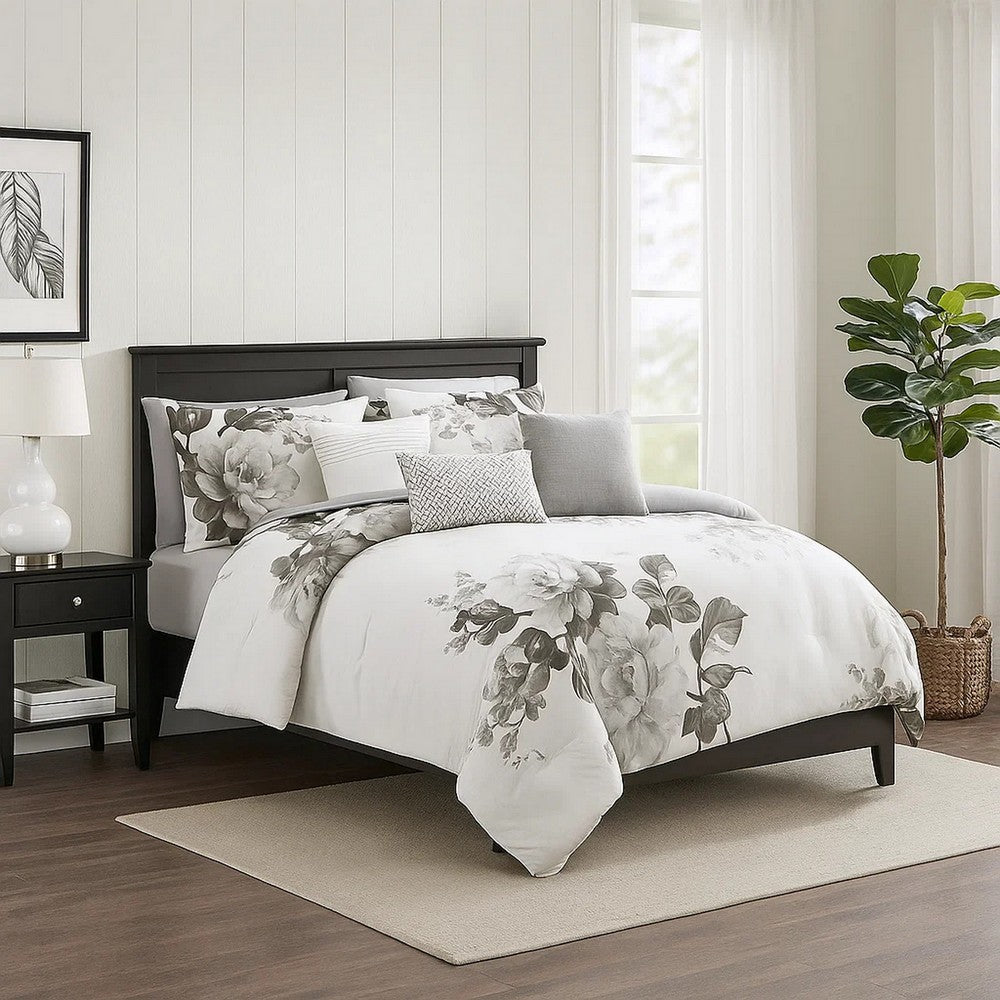7 Piece Cotton Comforter Set with Floral Print, Gray and White – King
