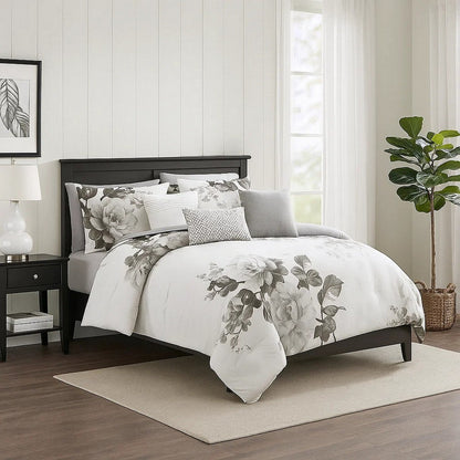 7 Piece Cotton Comforter Set with Floral Print, Gray and White – King