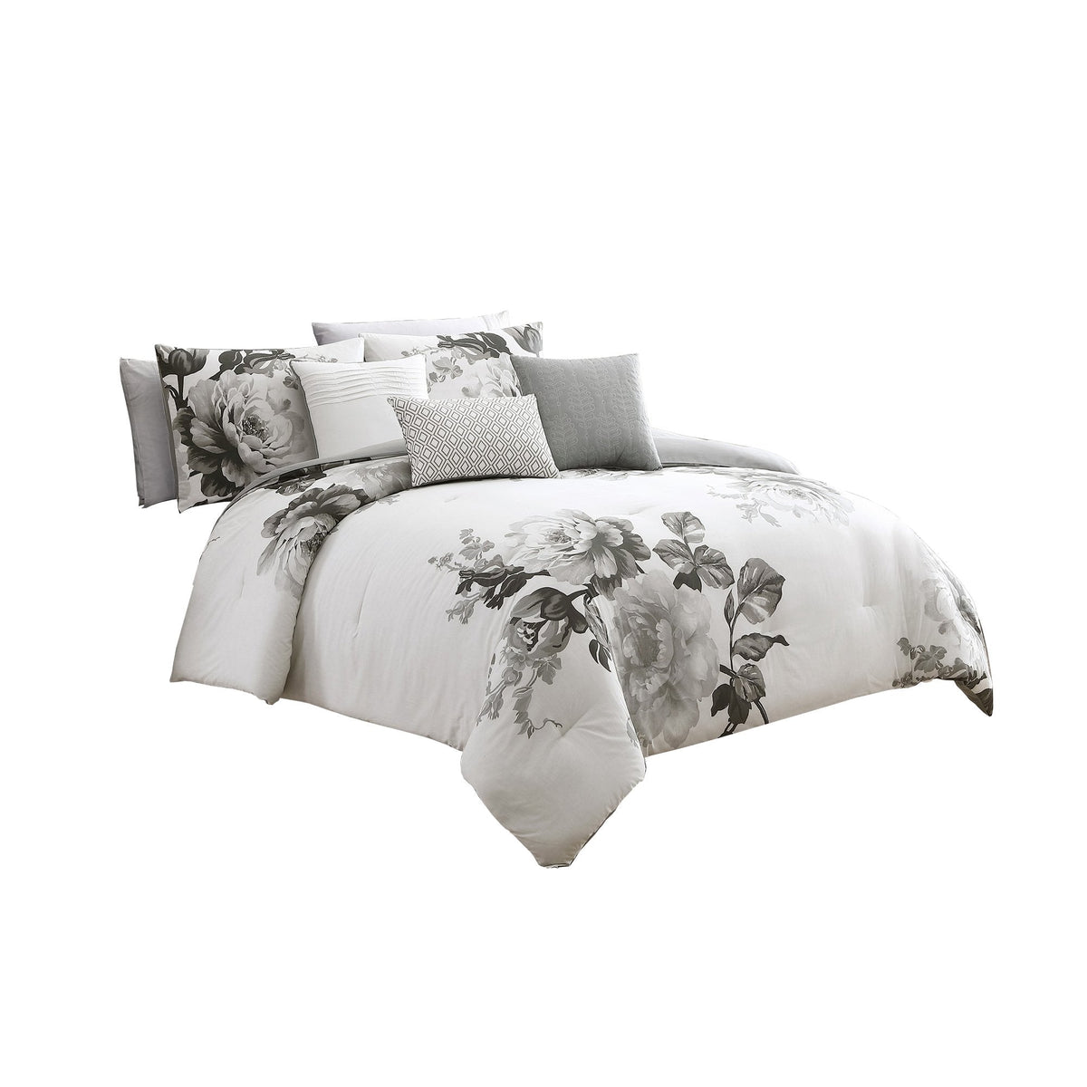 7 Piece Cotton Comforter Set with Floral Print, Gray and White