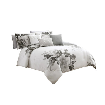 7 Piece Cotton Comforter Set with Floral Print, Gray and White