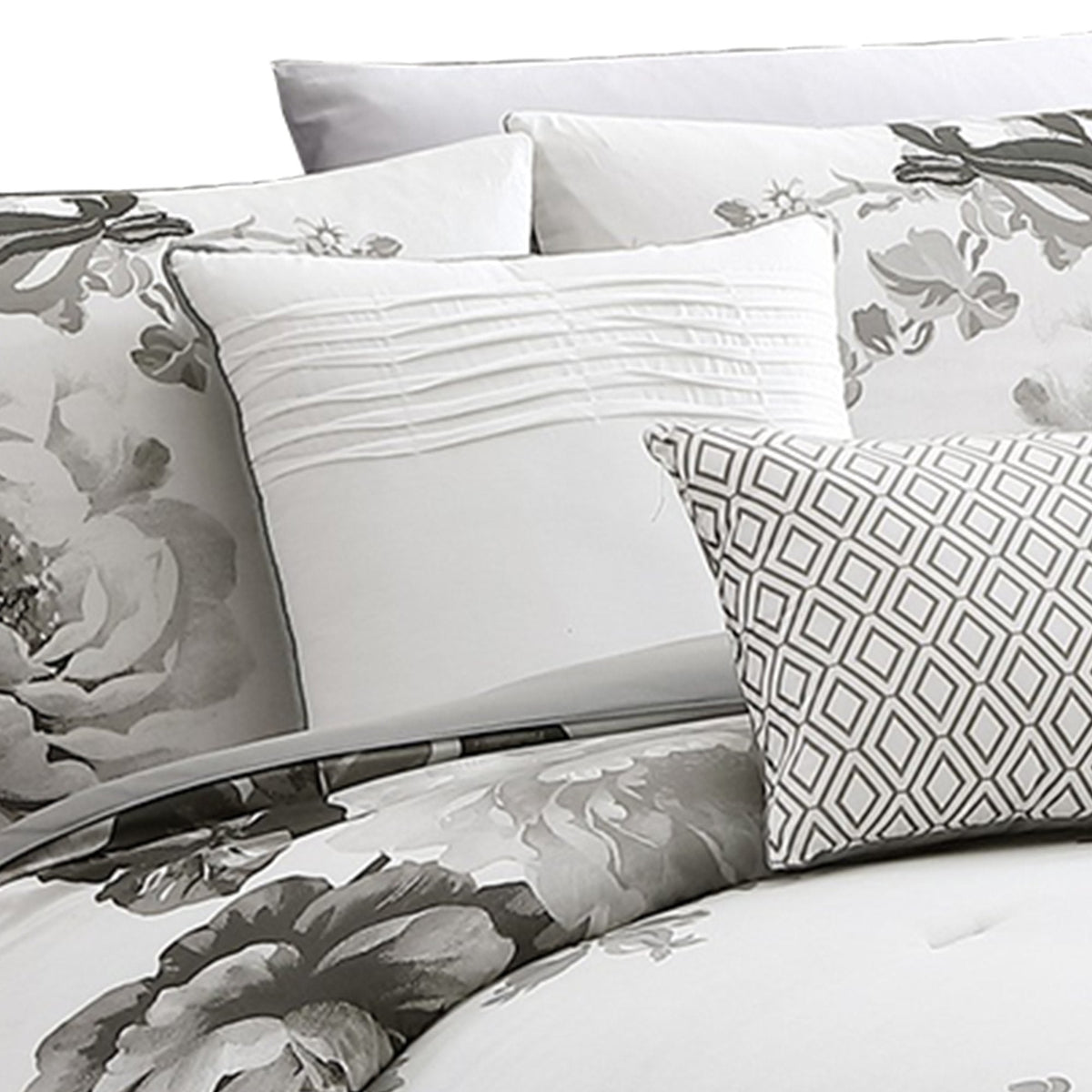 7 Piece Cotton Comforter Set with Floral Print, Gray and White