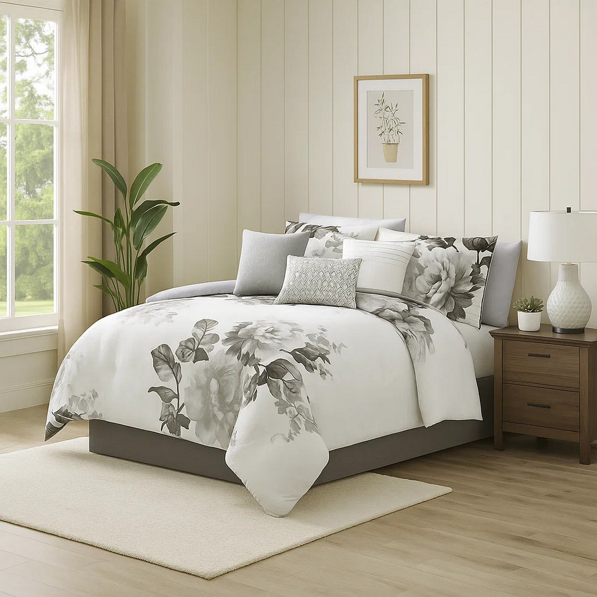 7 Piece Cotton Comforter Set with Floral Print, Gray and White