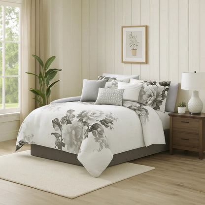 7 Piece Cotton Comforter Set with Floral Print, Gray and White