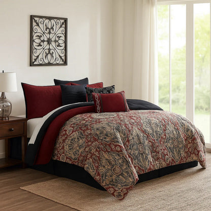 10 Piece King Size Comforter Set with Medallion Print, Red and Blue
