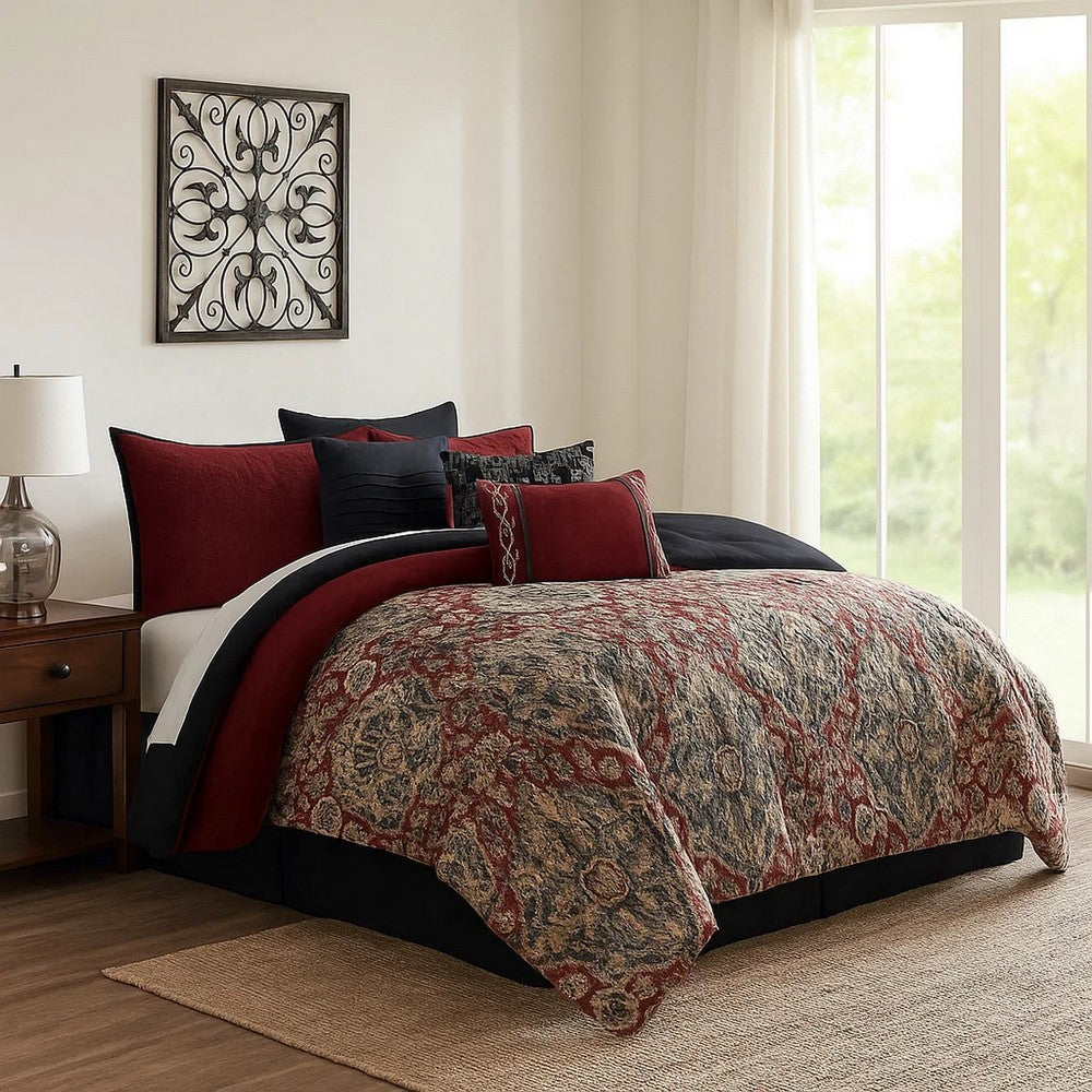 10 Piece King Size Comforter Set with Medallion Print, Red and Blue