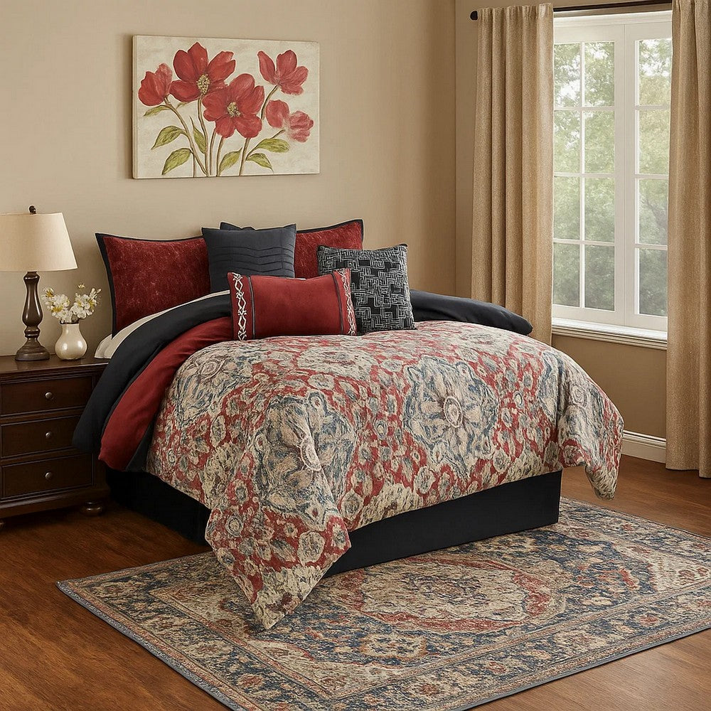 9 Piece Queen Size Comforter Set with Medallion Print, Red and Blue