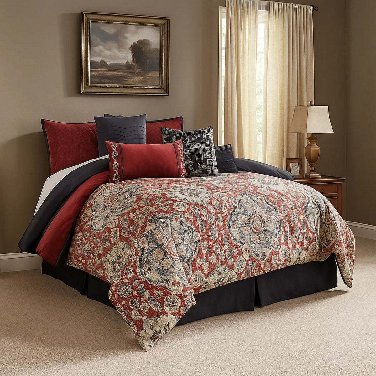 9 Piece Queen Size Comforter Set with Medallion Print, Red and Blue
