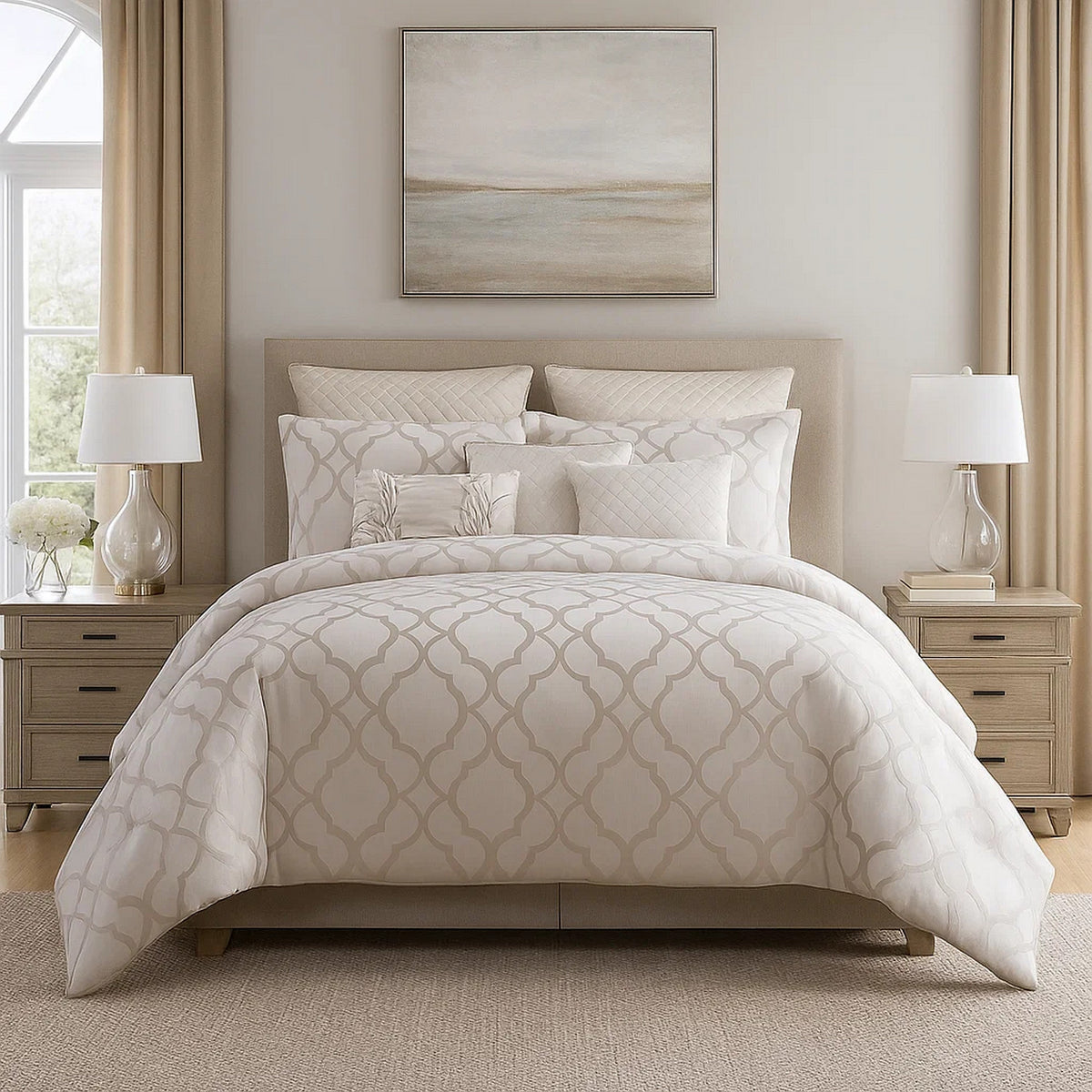 10 Piece King Size Fabric Comforter Set with Quatrefoil Prints, White