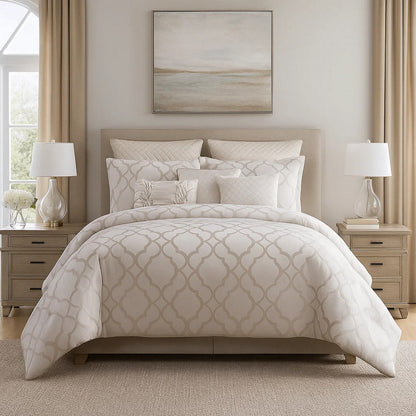 10 Piece King Size Fabric Comforter Set with Quatrefoil Prints, White