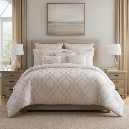 10 Piece King Size Fabric Comforter Set with Quatrefoil Prints, White