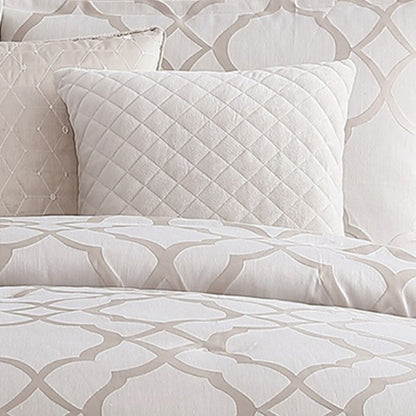 9pc Queen Size Comforter Set with Quatrefoil Prints, White Polyester BM225202