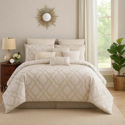 9pc Queen Size Comforter Set with Quatrefoil Prints, White Polyester BM225202
