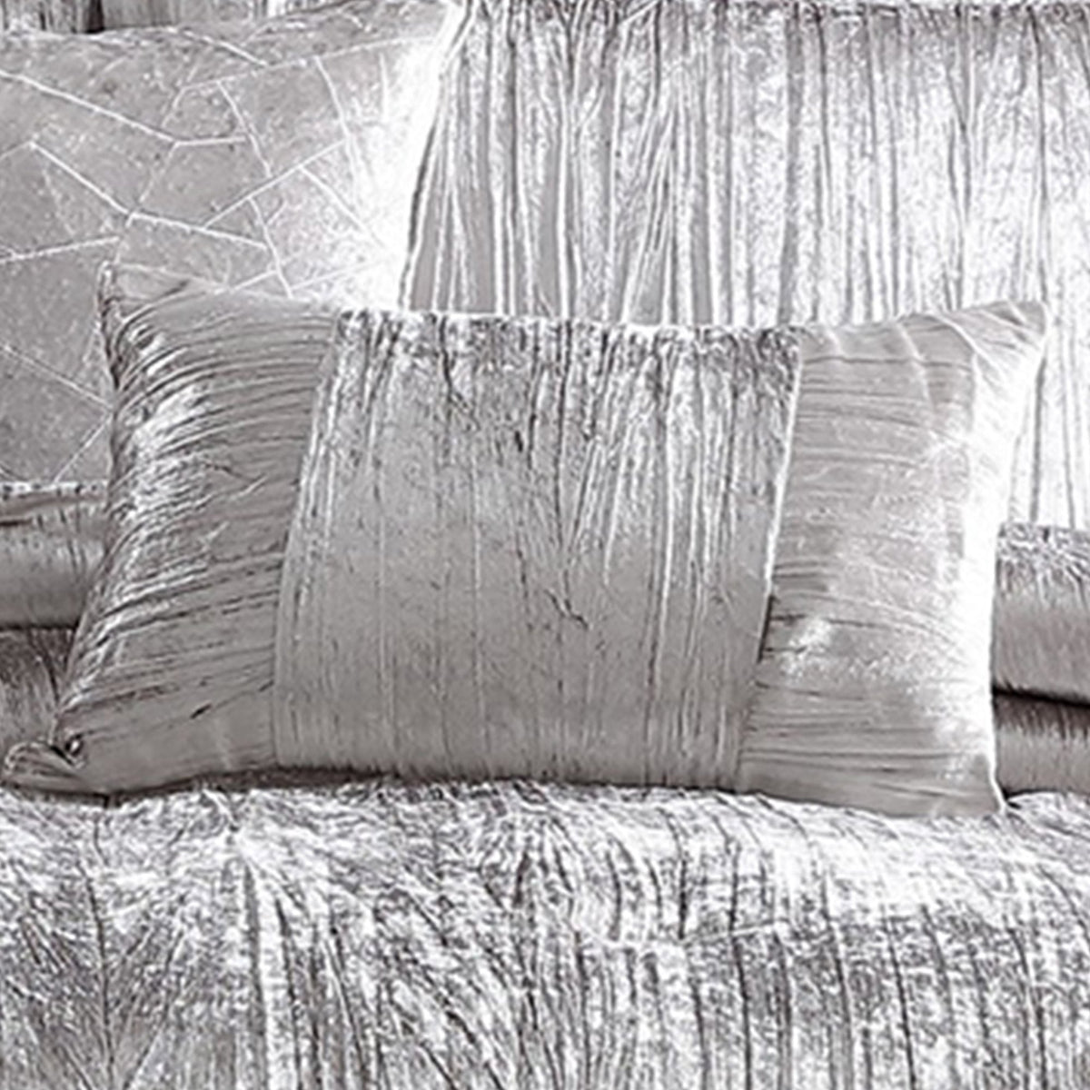 King Size 7 Piece Fabric Comforter Set with Crinkle Texture, Silver