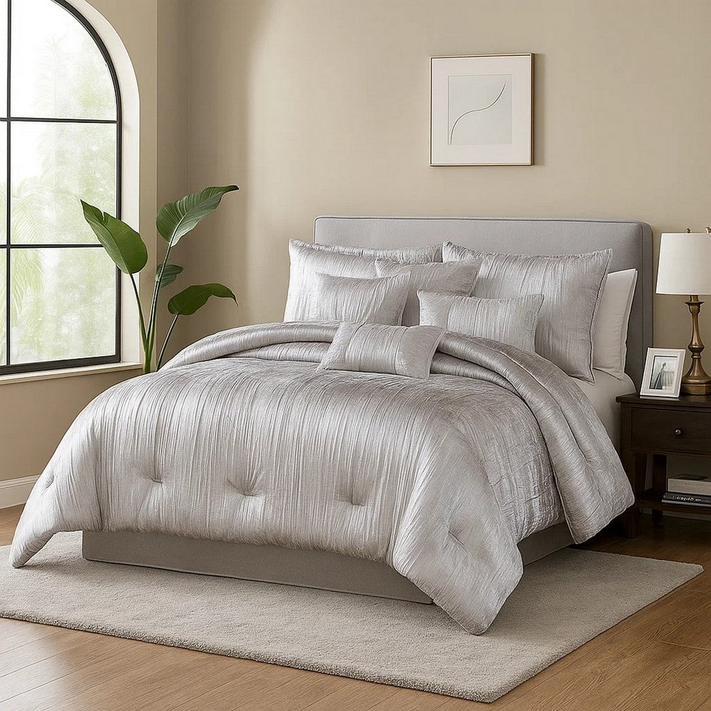 7 Piece Fabric Comforter Set with Crinkle Texture, Silver – King