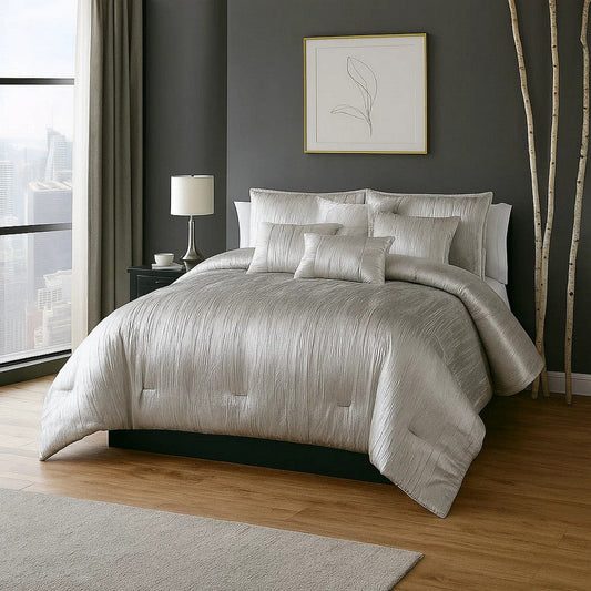 Queen Size 7 Piece Fabric Comforter Set with Crinkle Texture, Silver