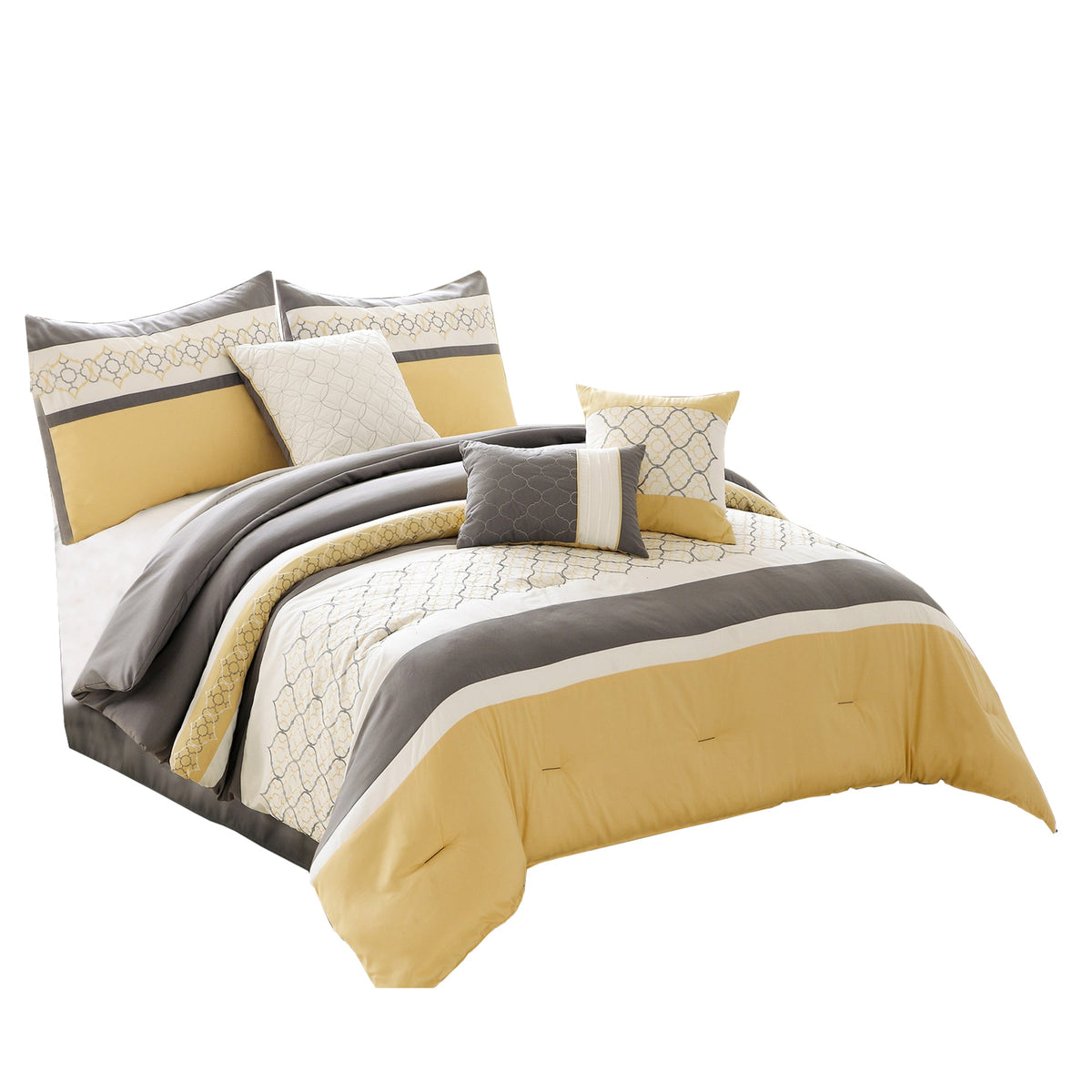 Quatrefoil Print 7 Piece Fabric Comforter Set, Yellow and Gray – King