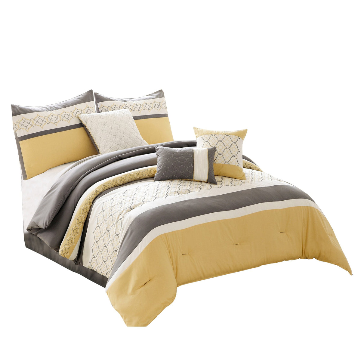 Quatrefoil Print 7 Piece Fabric Comforter Set, Yellow and Gray