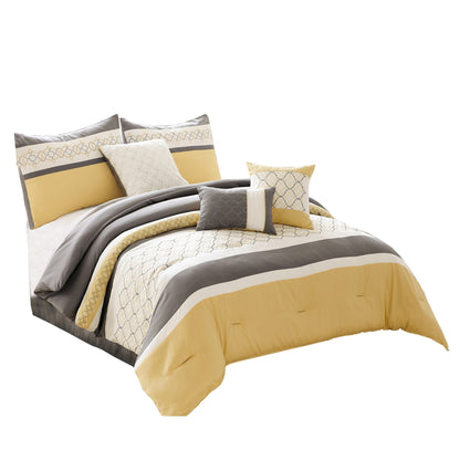 Quatrefoil Print 7 Piece Fabric Comforter Set, Yellow and Gray