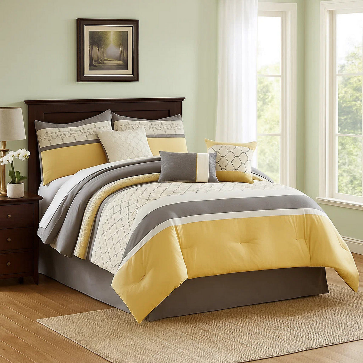 Quatrefoil Print 7 Piece Fabric Comforter Set, Yellow and Gray