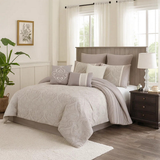 King Size 10 Piece Fabric Comforter Set with Medallion Prints, White