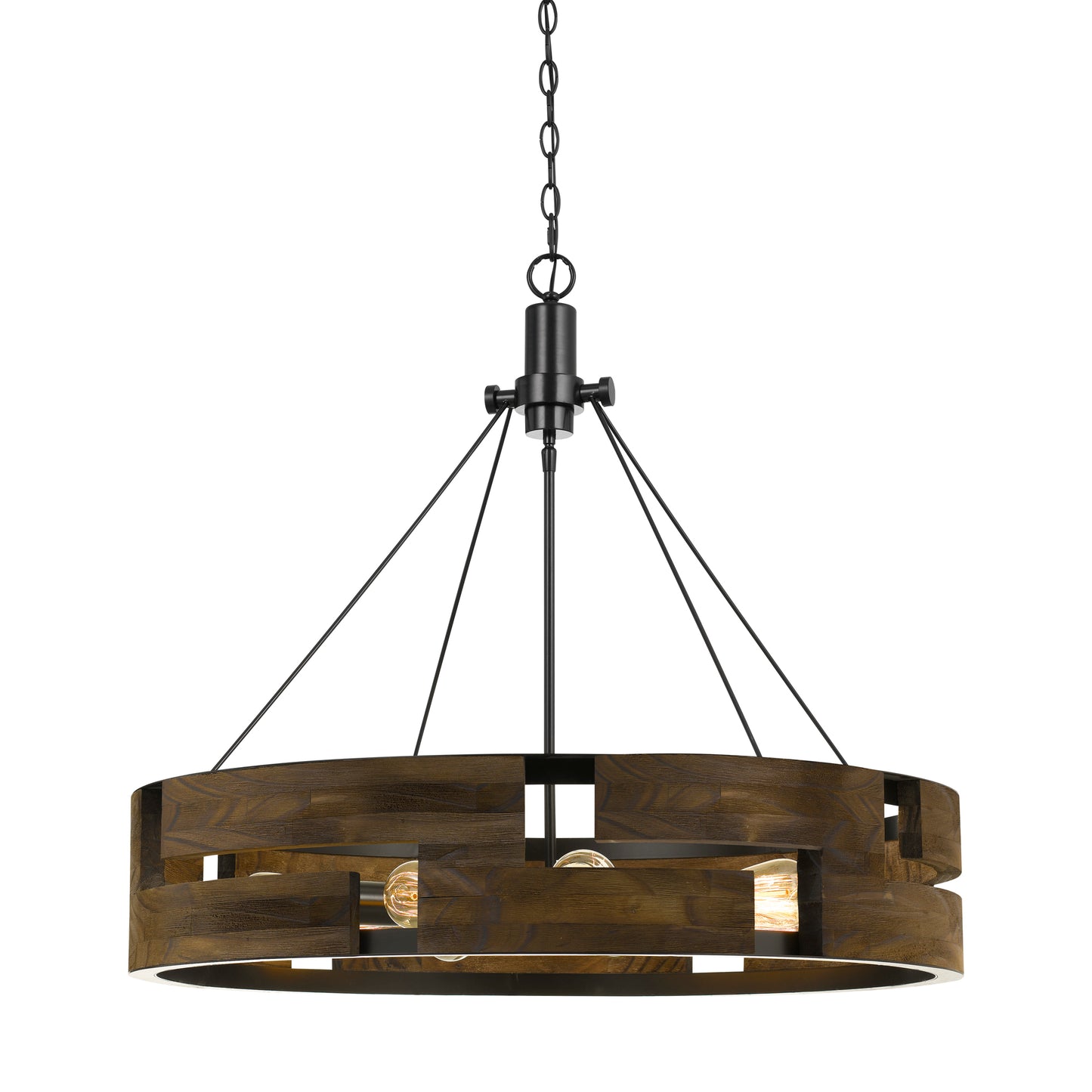 9 Bulb Round Wooden Frame Chandelier with Geometric Cut Out Design, Brown — Chic Home-Decor