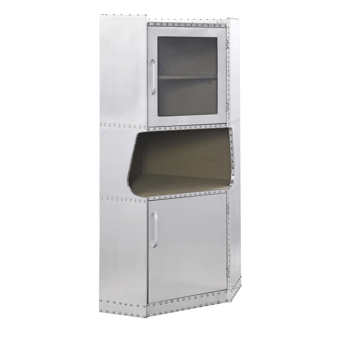 2 Door Aluminum Cabinet with Open Compartment and Rivet Accents, Silver — Chic Home-Decor