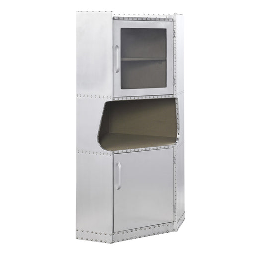2 Door Aluminum Cabinet with Open Compartment and Rivet Accents, Silver — Chic Home-Decor