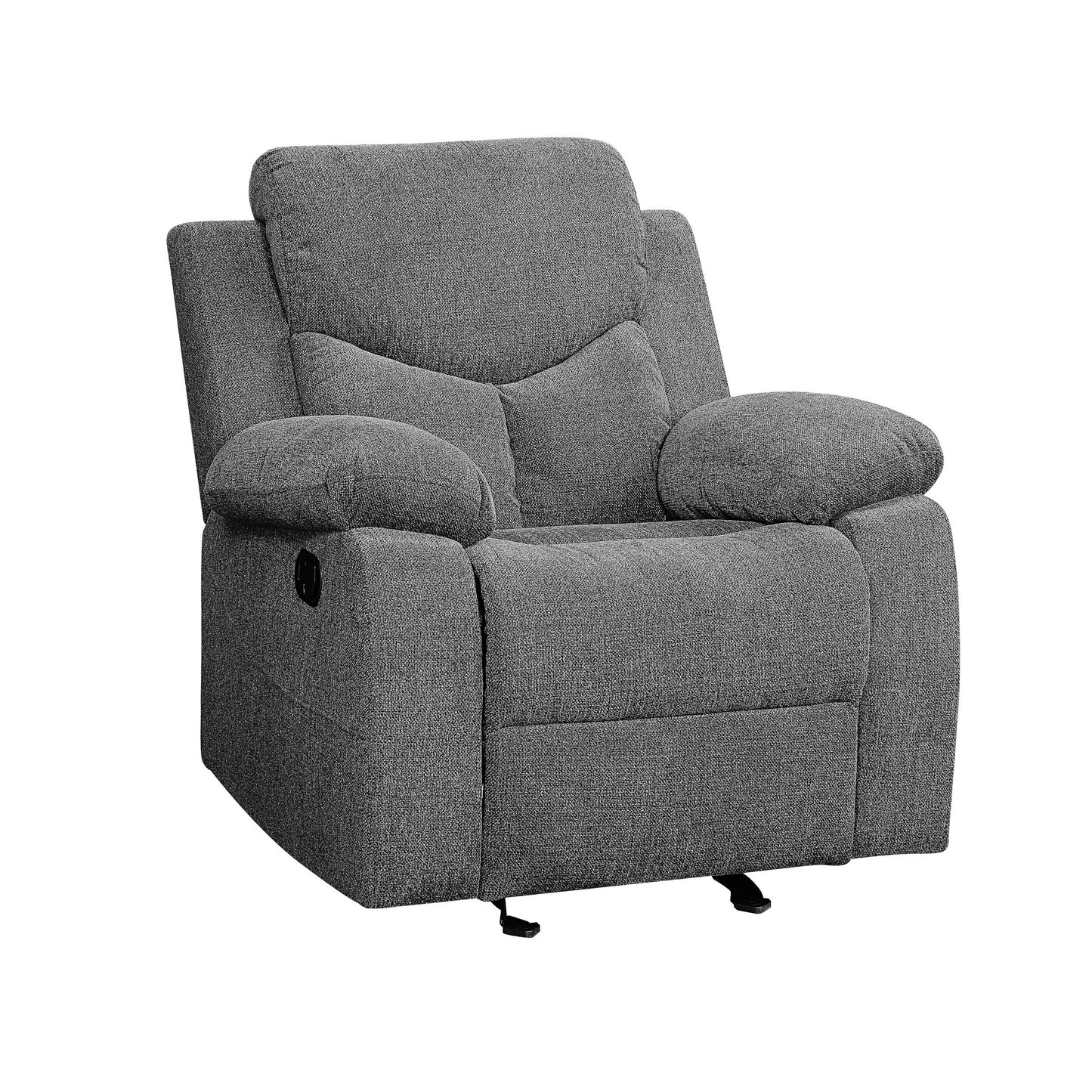 Glider recliner chair in gray fabric with pillow-top armrests by Benzara