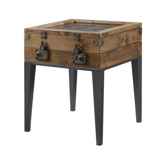 Trunk Style Accent Table with Glass Top Encasing and Metal Tapered, Brown — Chic Home-Decor